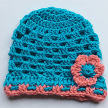 Load image into Gallery viewer, Hat with flower - dark aqua / Húgva við blómu - dark aqua
